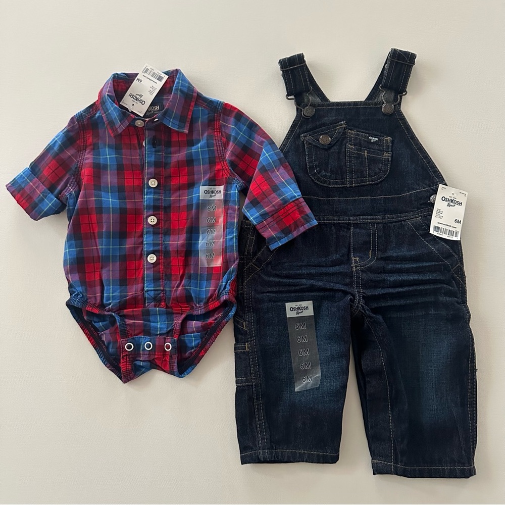 OshKosh 6 Months Baby Boy Red Plaid Shirt Bodysuit Denim Overalls Set Outfit NWT - Picture 2 of 7